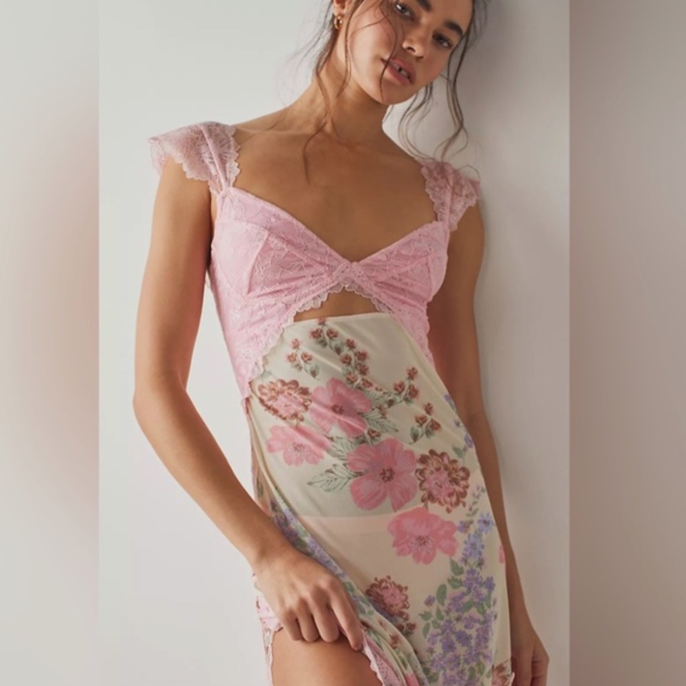 Free People Suddenly Fine Floral Maxi Slip Dress Daisy Combo Slit Lace Sheer M